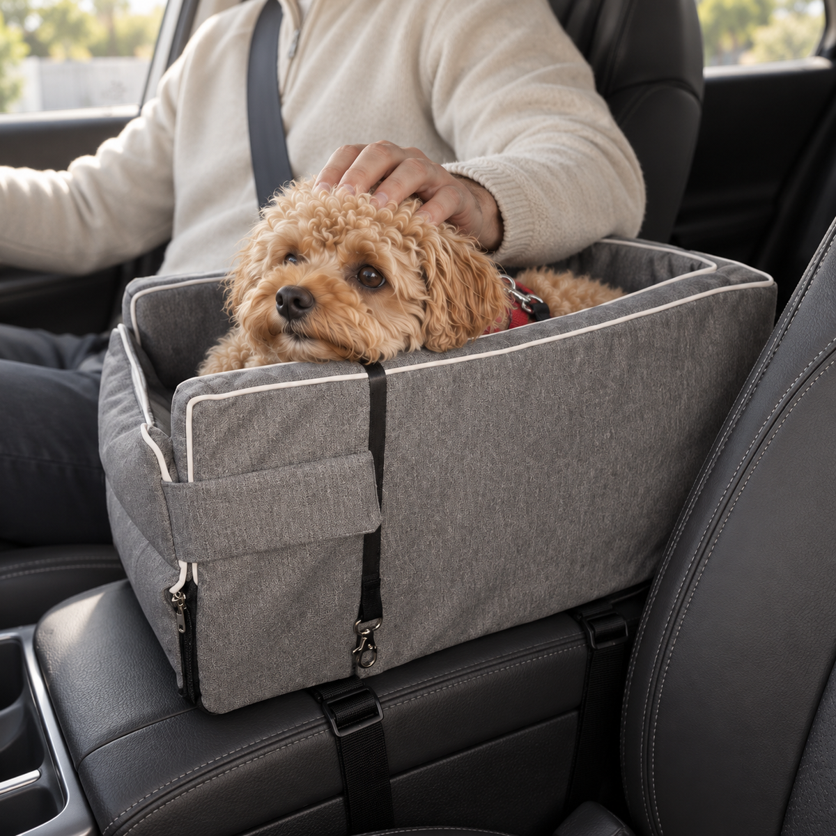 Small dog sitting in the Pawfect Travel Car Seat inside a car