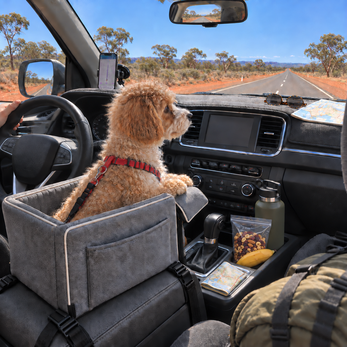 Small dog travelling in the Pawfect Travel Car Seat on a road trip
