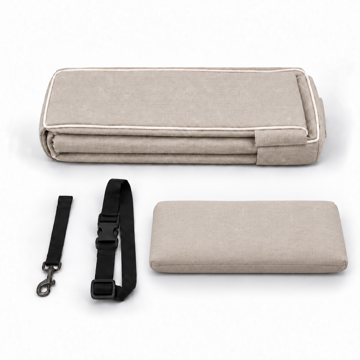 Beige Pawfect Travel Car Seat with included safety accessories