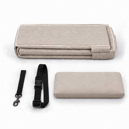Beige Pawfect Travel Car Seat with included safety accessories
