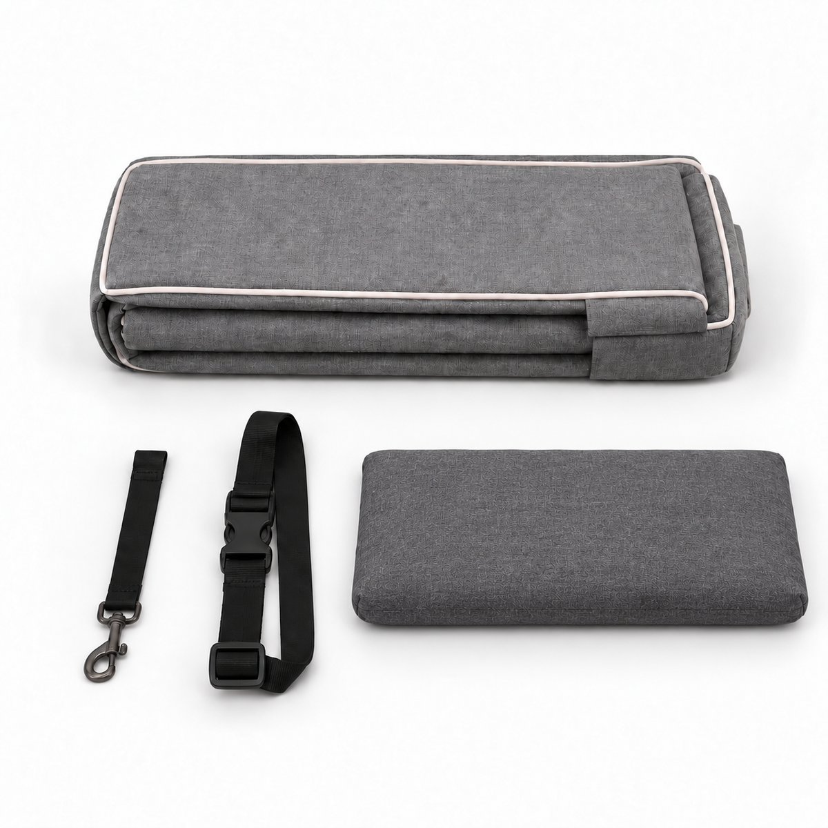 Gray Pawfect Travel Car Seat with included safety accessories