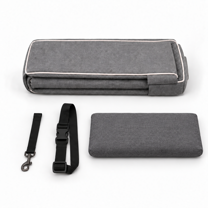 Gray Pawfect Travel Car Seat with included safety accessories